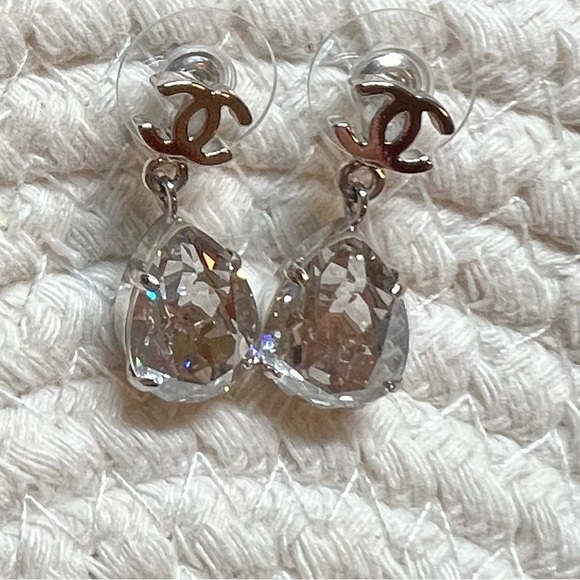 CHANEL Jewelry - Chanel Silver Tone CC Crystal Teardrop Earrings